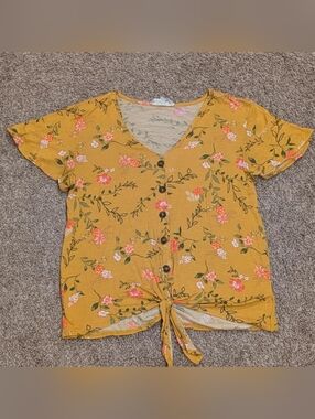 Pink Rose Mustard Floral Button-Front Tie Top